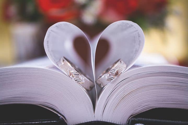 image of wedding book and wedding rings